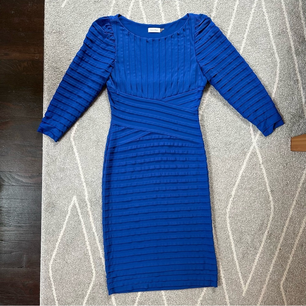 Calvin Klein Cobalt Royal Blur Pleated Stretch Long Sleeve Dress